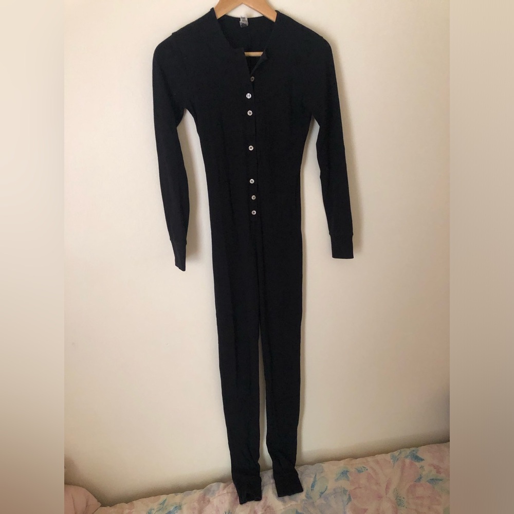 Los Angeles Apparel Cotton Baby Rib Bodysuit Button Front Long Johns in Black
